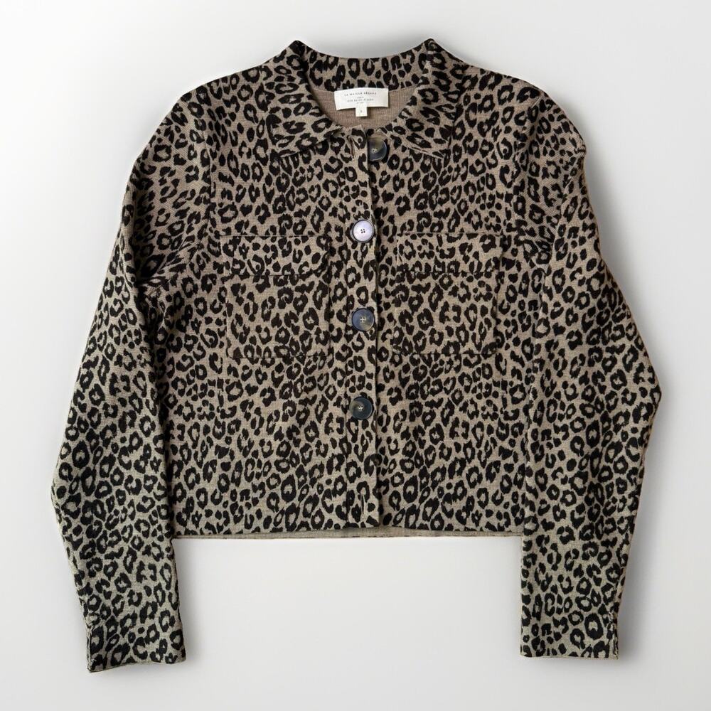 Sezane Betty Cardigan Women's Small Multicolor Leopard Print Merino Wool NYC